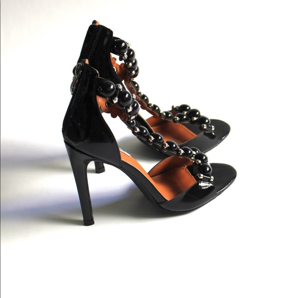 Open Toe High Shine T-Strap Beaded Heels - Picture 3 of 4